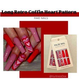 Long Retro Coffin Heart Pattern Fake Nails - 24pcs